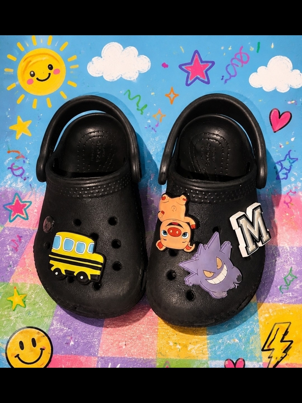 CROCS Black Kids Clog Sandals with Fun Character Charms